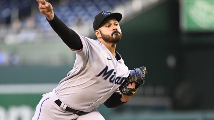 Apr 27, 2022; Washington, District of Columbia, USA; Miami Marlins starting pitcher Pablo Lopez (49) throws to the Washington Nationals during the first inning at Nationals Park. Mandatory Credit: Brad Mills-USA TODAY Sports