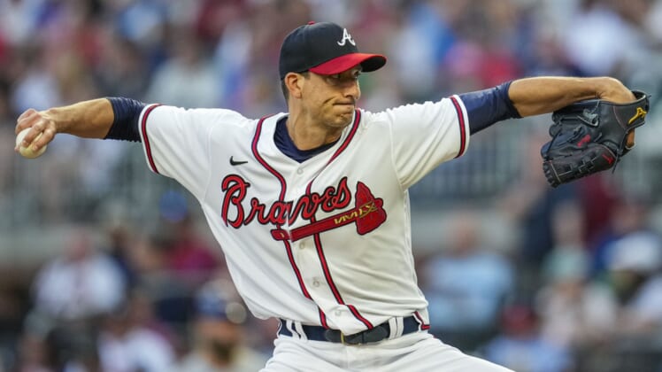 Apr 27, 2022; Cumberland, Georgia, USA; Atlanta Braves starting pitcher Charlie Morton (50) pitches against the Chicago Cubs during the second inning at Truist Park. Mandatory Credit: Dale Zanine-USA TODAY Sports