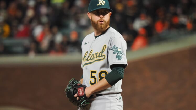 Apr 27, 2022; San Francisco, California, USA; Oakland Athletics starting pitcher Paul Blackburn (58) on the mound against the San Francisco Giants during the fifth inning at Oracle Park. Mandatory Credit: Kelley L Cox-USA TODAY Sports