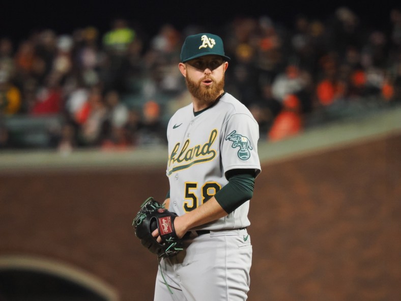 Apr 27, 2022; San Francisco, California, USA; Oakland Athletics starting pitcher Paul Blackburn (58) on the mound against the San Francisco Giants during the fifth inning at Oracle Park. Mandatory Credit: Kelley L Cox-USA TODAY Sports