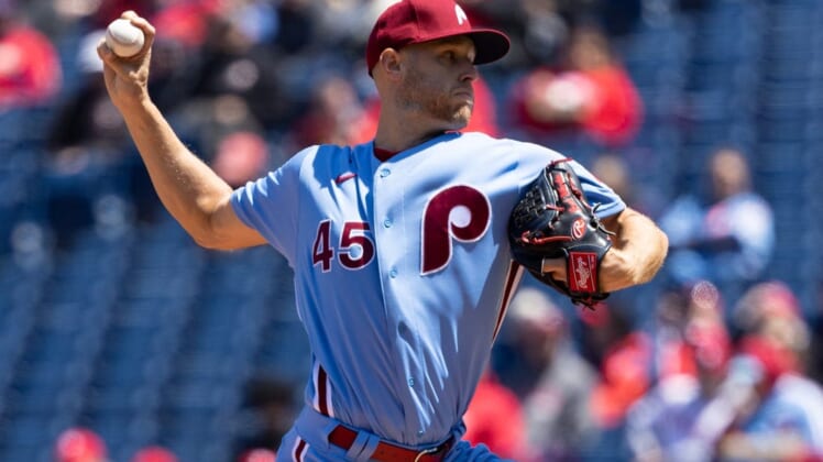 Apr 28, 2022; Philadelphia, Pennsylvania, USA; Philadelphia Phillies starting pitcher Zack Wheeler (45) throws a pitch during the first inning against the Colorado Rockies at Citizens Bank Park. Mandatory Credit: Bill Streicher-USA TODAY Sports