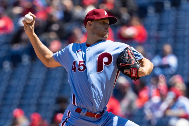 Apr 28, 2022; Philadelphia, Pennsylvania, USA; Philadelphia Phillies starting pitcher Zack Wheeler (45) throws a pitch during the first inning against the Colorado Rockies at Citizens Bank Park. Mandatory Credit: Bill Streicher-USA TODAY Sports