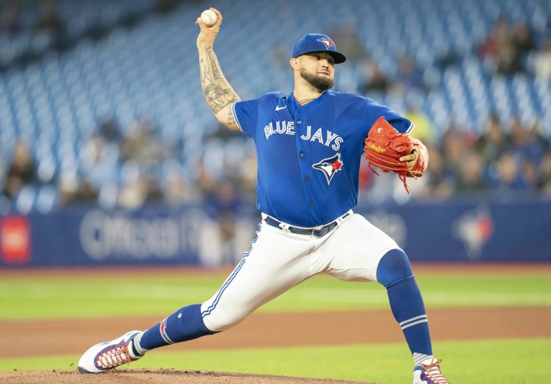 Apr 28, 2022; Toronto, Ontario, CAN; Toronto Blue Jays starting pitcher Alek Manoah (6) throws a pitch during first inning against the Boston Red Sox at Rogers Centre. Mandatory Credit: Nick Turchiaro-USA TODAY Sports
