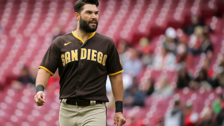 San Diego Padres first baseman Eric Hosmer (30) walks back to the dugout after the first inning hits of a baseball game against the San Diego Padres, Thursday, April 28, 2022, at Great American Ball Park in Cincinnati.