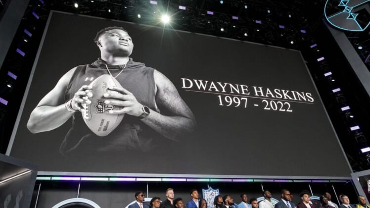 Apr 28, 2022; Las Vegas, NV, USA; A moment of silence is held for Dwayne Haskins before the first round of the 2022 NFL Draft at the NFL Draft Theater. Mandatory Credit: Kirby Lee-USA TODAY Sports