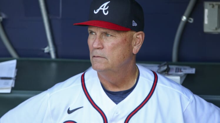 Apr 28, 2022; Atlanta, Georgia, USA; Atlanta Braves manager Brian Snitker (43) in the dugout before a game against the Chicago Cubs at Truist Park. Mandatory Credit: Brett Davis-USA TODAY Sports