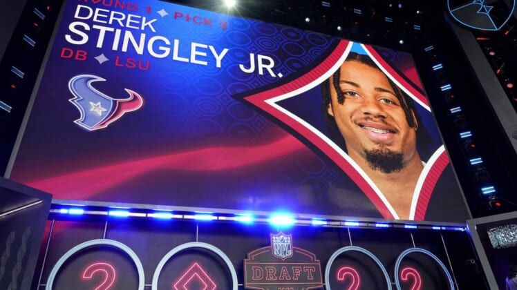 Apr 28, 2022; Las Vegas, NV, USA; LSU cornerback Derek Stingley Jr. is announced as the third overall pick to the Houston Texans during the first round of the 2022 NFL Draft at the NFL Draft Theater. Mandatory Credit: Kirby Lee-USA TODAY Sports