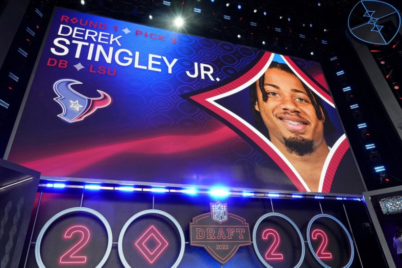 Apr 28, 2022; Las Vegas, NV, USA; LSU cornerback Derek Stingley Jr. is announced as the third overall pick to the Houston Texans during the first round of the 2022 NFL Draft at the NFL Draft Theater. Mandatory Credit: Kirby Lee-USA TODAY Sports