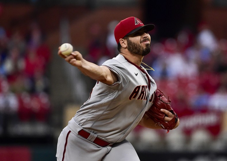 Apr 28, 2022; St. Louis, Missouri, USA;  Arizona Diamondbacks starting pitcher Humberto Castellanos (54) pitches against the St. Louis Cardinals during the first inning at Busch Stadium. Mandatory Credit: Jeff Curry-USA TODAY Sports