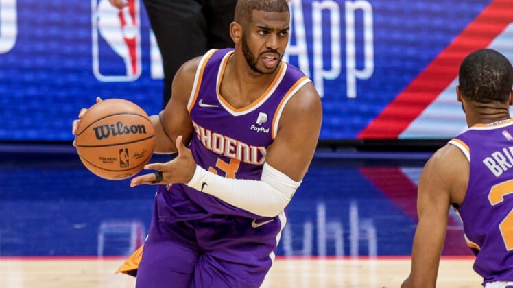 Apr 28, 2022; New Orleans, Louisiana, USA;  Phoenix Suns guard Chris Paul (3) dribbles against the New Orleans Pelicans during the second half of game six of the first round for the 2022 NBA playoffs at Smoothie King Center. Mandatory Credit: Stephen Lew-USA TODAY Sports