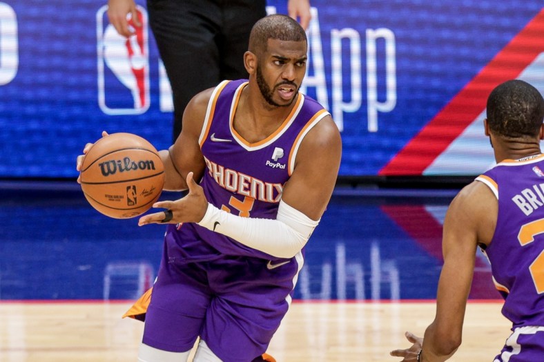 Apr 28, 2022; New Orleans, Louisiana, USA;  Phoenix Suns guard Chris Paul (3) dribbles against the New Orleans Pelicans during the second half of game six of the first round for the 2022 NBA playoffs at Smoothie King Center. Mandatory Credit: Stephen Lew-USA TODAY Sports
