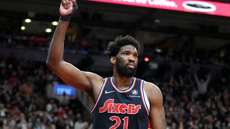 Apr 28, 2022; Toronto, Ontario, CAN;  Philadelphia 76ers center Joel Embiid (21) gestures after a scoring play against the Toronto Raptors in the second half during game six of the first round for the 2022 NBA playoffs at Scotiabank Arena. Mandatory Credit: Dan Hamilton-USA TODAY Sports