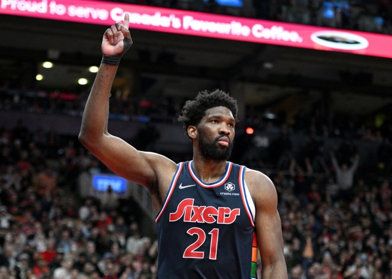 Apr 28, 2022; Toronto, Ontario, CAN;  Philadelphia 76ers center Joel Embiid (21) gestures after a scoring play against the Toronto Raptors in the second half during game six of the first round for the 2022 NBA playoffs at Scotiabank Arena. Mandatory Credit: Dan Hamilton-USA TODAY Sports