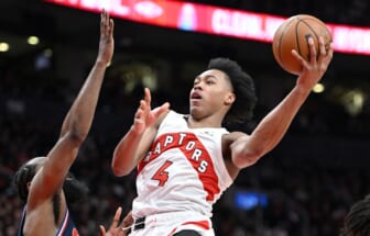 Apr 28, 2022; Toronto, Ontario, CAN;  Toronto Raptors forward Scottie Barnes (4) shoots the ball against the Philadelphia 76ers in the second half during game six of the first round for the 2022 NBA playoffs at Scotiabank Arena. Mandatory Credit: Dan Hamilton-USA TODAY Sports