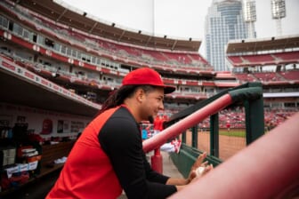 Cincinnati Reds pitcher Luis Castillo, who is on the injured list, watches the baseball game against the San Diego Padres, Thursday, April 28, 2022, at Great American Ball Park in Cincinnati.