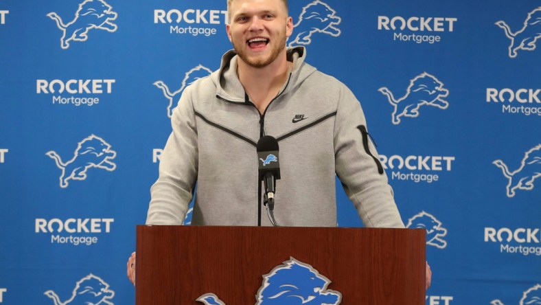 Detroit Lions first-round drat pick Aidan Hutchinson talks with reporters on Friday, April 29, 2022, at the Allen Park practice facility.Lionspicks