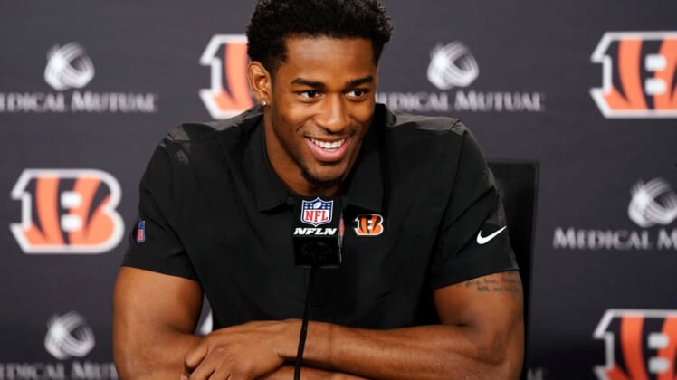 April 29, 2022; Cincinnati, OH, USA; Cincinnati Bengals safety Daxton Hill (23) smiles during an introductory press conference after the team selected him in the first round of the 2022 NFL Draft, Friday, April 29, 2022, at Paul Brown Stadium in Cincinnati.  Mandatory Credit: Kareem Elgazzar-USA TODAY NETWORK