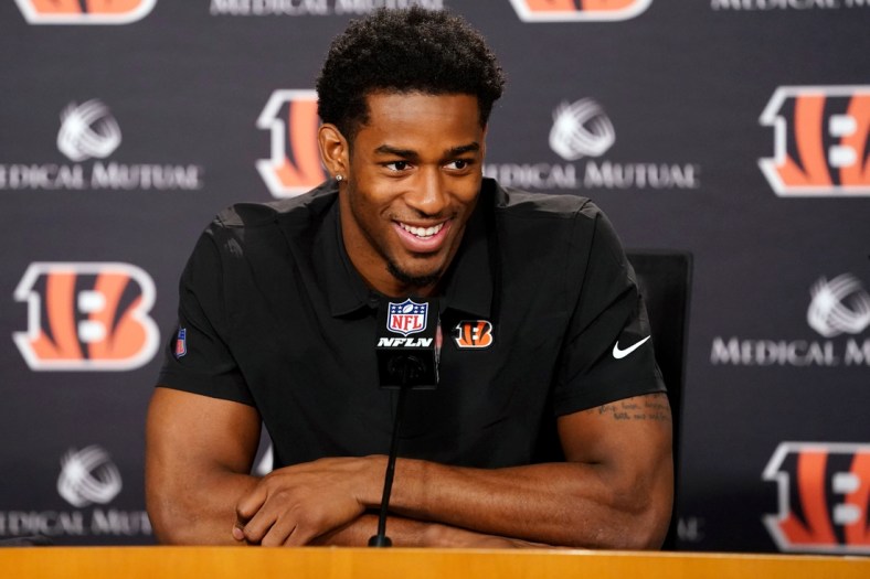 April 29, 2022; Cincinnati, OH, USA; Cincinnati Bengals safety Daxton Hill (23) smiles during an introductory press conference after the team selected him in the first round of the 2022 NFL Draft, Friday, April 29, 2022, at Paul Brown Stadium in Cincinnati.  Mandatory Credit: Kareem Elgazzar-USA TODAY NETWORK