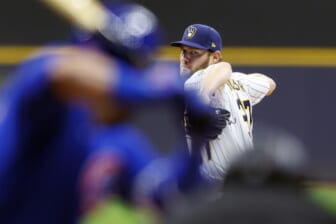 Apr 29, 2022; Milwaukee, Wisconsin, USA;  Milwaukee Brewers pitcher Adrian Houser (37) throws a pitch during the first inning against the Chicago Cubs at American Family Field. Mandatory Credit: Jeff Hanisch-USA TODAY Sports