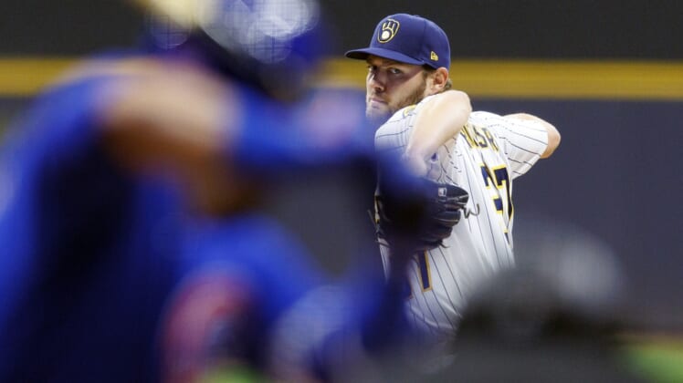 Apr 29, 2022; Milwaukee, Wisconsin, USA;  Milwaukee Brewers pitcher Adrian Houser (37) throws a pitch during the first inning against the Chicago Cubs at American Family Field. Mandatory Credit: Jeff Hanisch-USA TODAY Sports
