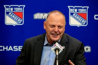 Apr 29, 2022; New York, New York, USA; New York Rangers head coach Gerard Gallant speaks to the media following a 3-2 win against the Washington Capitals at Madison Square Garden. Mandatory Credit: Danny Wild-USA TODAY Sports