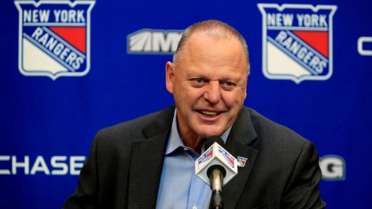 Apr 29, 2022; New York, New York, USA; New York Rangers head coach Gerard Gallant speaks to the media following a 3-2 win against the Washington Capitals at Madison Square Garden. Mandatory Credit: Danny Wild-USA TODAY Sports
