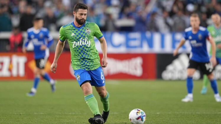 Apr 23, 2022; San Jose, California, USA; Seattle Sounders midfielder Joao Paulo (6) passes during the first half against the San Jose Earthquakes at PayPal Park. Mandatory Credit: Darren Yamashita-USA TODAY Sports