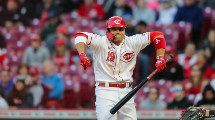 Apr 26, 2022; Cincinnati, Ohio, USA; Cincinnati Reds first baseman Joey Votto (19) at bat during the fourth inning against the San Diego Padres at Great American Ball Park. Mandatory Credit: Katie Stratman-USA TODAY Sports