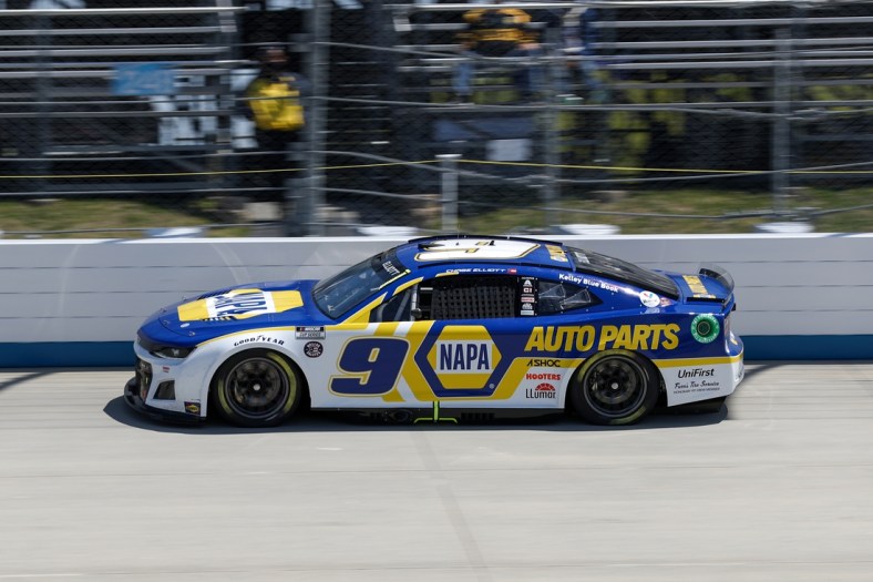 Apr 30, 2022; Dover, Delaware, USA; NASCAR Cup Series driver Chase Elliott (9) during qualifying for the DuraMAX Drydene 400 at Dover Motor Speedway. Mandatory Credit: Matthew OHaren-USA TODAY Sports