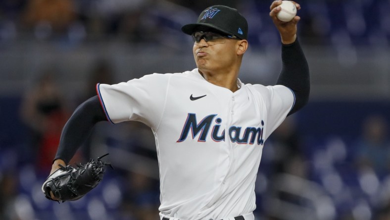 Apr 30, 2022; Miami, Florida, USA; Miami Marlins starting pitcher Jesus Luzardo (44) delivers a pitch in the first inning against the Seattle Mariners at loanDepot Park. Mandatory Credit: Sam Navarro-USA TODAY Sports