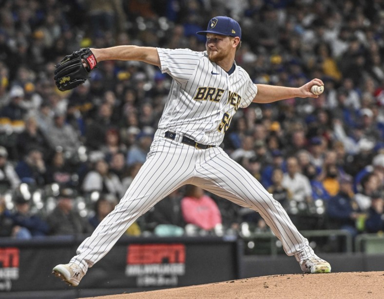 Apr 30, 2022; Milwaukee, Wisconsin, USA; Milwaukee Brewers pitcher Eric Lauer (52) throws against the Chicago Cubs in the first inning at American Family Field. Mandatory Credit: Benny Sieu-USA TODAY Sports