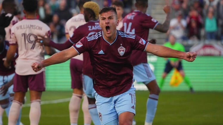 Apr 30, 2022; Commerce City, Colorado, USA; Colorado Rapids forward Diego Rubio (11) reacts in the first half against the Portland Timbers at Dick's Sporting Goods Park. Mandatory Credit: Ron Chenoy-USA TODAY Sports