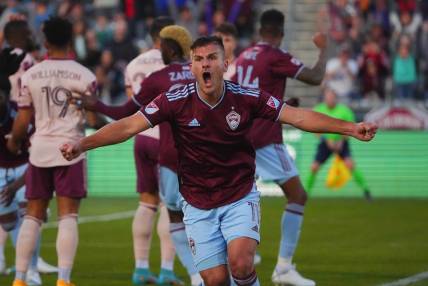 Apr 30, 2022; Commerce City, Colorado, USA; Colorado Rapids forward Diego Rubio (11) reacts in the first half against the Portland Timbers at Dick's Sporting Goods Park. Mandatory Credit: Ron Chenoy-USA TODAY Sports