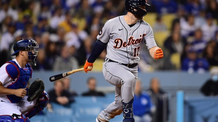 Apr 30, 2022; Los Angeles, California, USA; Detroit Tigers right fielder Austin Meadows (17) hits a two run RBI single against the Los Angeles Dodgers during the seventh inning at Dodger Stadium. Mandatory Credit: Gary A. Vasquez-USA TODAY Sports