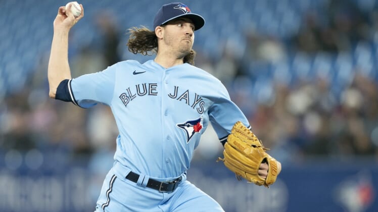 May 1, 2022; Toronto, Ontario, CAN; Toronto Blue Jays starting pitcher Kevin Gausman (34) throws a pitch during first inning against the Houston Astros at Rogers Centre. Mandatory Credit: Nick Turchiaro-USA TODAY Sports