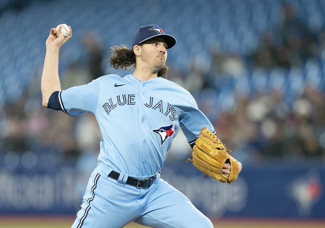 May 1, 2022; Toronto, Ontario, CAN; Toronto Blue Jays starting pitcher Kevin Gausman (34) throws a pitch during first inning against the Houston Astros at Rogers Centre. Mandatory Credit: Nick Turchiaro-USA TODAY Sports