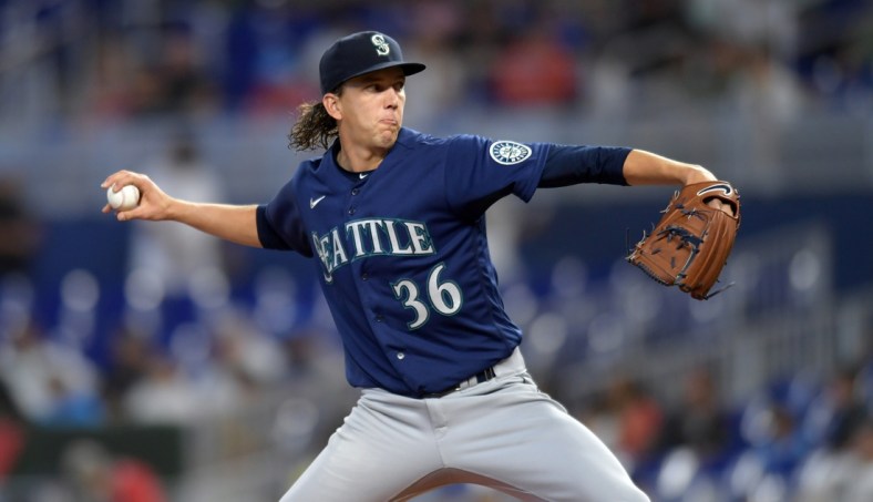May 1, 2022; Miami, Florida, USA; Seattle Mariners starting pitcher Logan Gilbert (36) delivers against the Miami Marlins in the first inning at loanDepot Park. Mandatory Credit: Jim Rassol-USA TODAY Sports