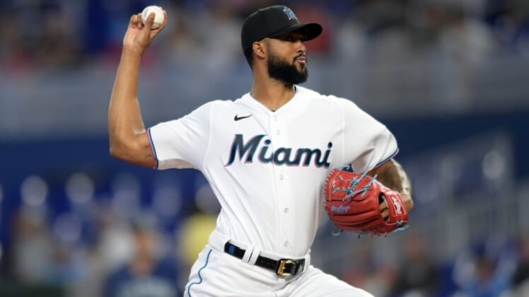 May 1, 2022; Miami, Florida, USA;  Miami Marlins starting pitcher Sandy Alcantara (22) delivers against the Seattle Mariners in the first inning at loanDepot Park. Mandatory Credit: Jim Rassol-USA TODAY Sports