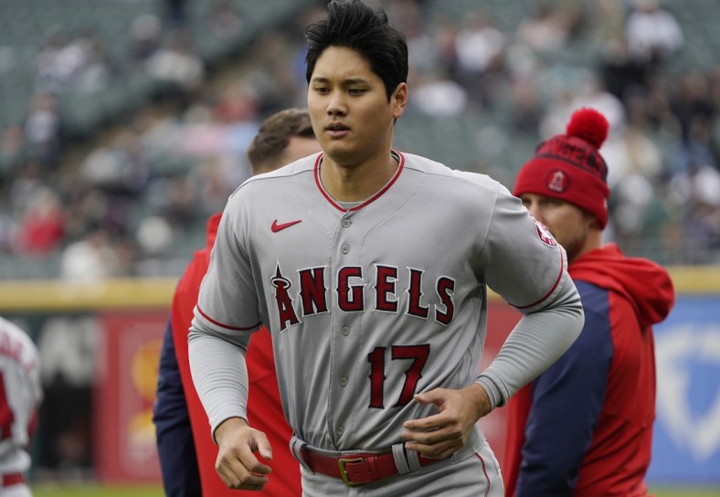 May 1, 2022; Chicago, Illinois, USA; Los Angeles Angels designated hitter Shohei Ohtani (17) warms up before the game against the Chicago White Sox at Guaranteed Rate Field. Mandatory Credit: David Banks-USA TODAY Sports