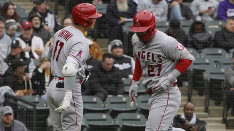 May 1, 2022; Chicago, Illinois, USA; Los Angeles Angels center fielder Mike Trout (27) is greeted by designated hitter Shohei Ohtani (17) against the Chicago White Sox hits a home run during the first inning at Guaranteed Rate Field. Mandatory Credit: David Banks-USA TODAY Sports