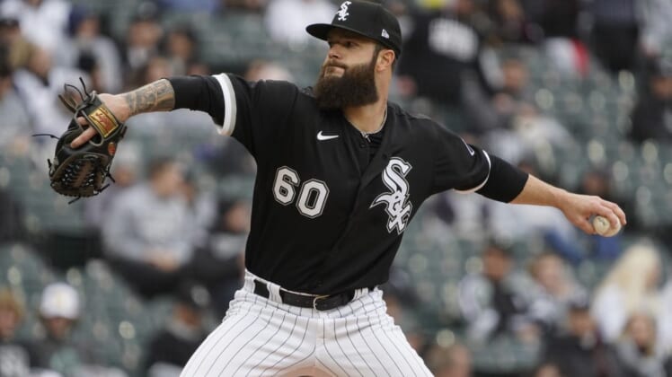 May 1, 2022; Chicago, Illinois, USA; Chicago White Sox starting pitcher Dallas Keuchel (60) pitches against the Los Angeles Angels during the first inning at Guaranteed Rate Field. Mandatory Credit: David Banks-USA TODAY Sports