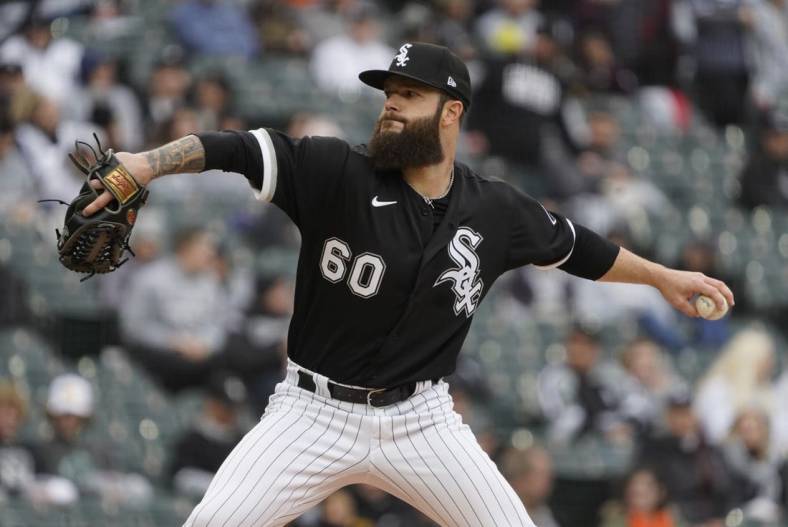 May 1, 2022; Chicago, Illinois, USA; Chicago White Sox starting pitcher Dallas Keuchel (60) pitches against the Los Angeles Angels during the first inning at Guaranteed Rate Field. Mandatory Credit: David Banks-USA TODAY Sports