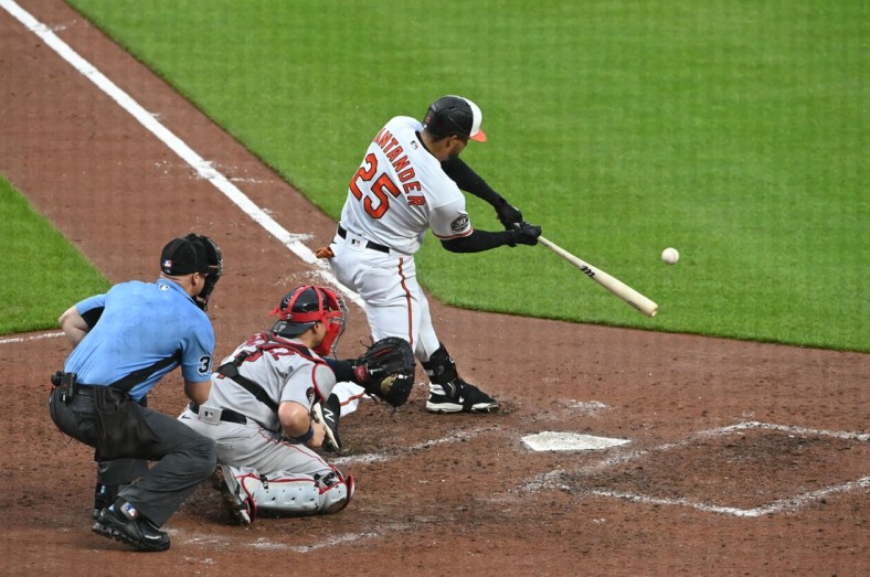 May 1, 2022; Baltimore, Maryland, USA; Baltimore Orioles right fielder Anthony Santander (25) hits a sacrifice single scoring first baseman Tyler Nevin (not pictured) during the fifth inning  at Oriole Park at Camden Yards. Mandatory Credit: Tommy Gilligan-USA TODAY Sports