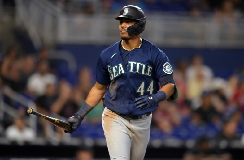 May 1, 2022; Miami, Florida, USA; Seattle Mariners center fielder Julio Rodriguez (44) tosses his bat aside after hitting a three-run home run against the Miami Marlins in the sixth inning at loanDepot Park. Mandatory Credit: Jim Rassol-USA TODAY Sports