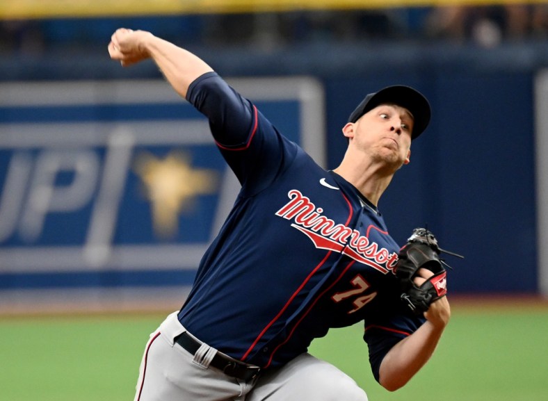 May 1, 2022; St. Petersburg, Florida, USA; Minnesota Twins pitcher Josh Winder (74) throws a pitch in the first inning against the Tampa Bay Rays at Tropicana Field. Mandatory Credit: Jonathan Dyer-USA TODAY Sports