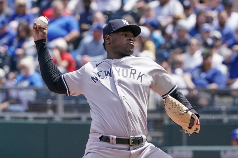May 1, 2022; Kansas City, Missouri, USA; New York Yankees starting pitcher Luis Severino (40) delivers a pitch against the New York Yankees in the first inning at Kauffman Stadium. Mandatory Credit: Denny Medley-USA TODAY Sports