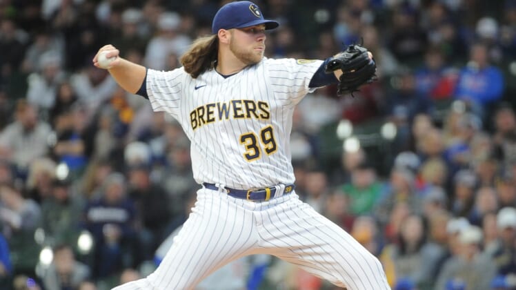 May 1, 2022; Milwaukee, Wisconsin, USA; Milwaukee Brewers starting pitcher Corbin Burnes (39) delivers a pitch against the Chicago Cubs in the first inning at American Family Field. Mandatory Credit: Michael McLoone-USA TODAY Sports