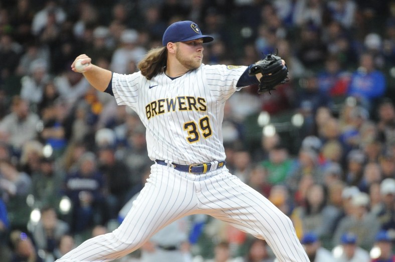 May 1, 2022; Milwaukee, Wisconsin, USA; Milwaukee Brewers starting pitcher Corbin Burnes (39) delivers a pitch against the Chicago Cubs in the first inning at American Family Field. Mandatory Credit: Michael McLoone-USA TODAY Sports