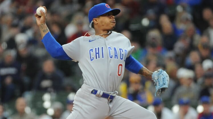 May 1, 2022; Milwaukee, Wisconsin, USA; Chicago Cubs starting pitcher Marcus Stroman (0) delivers a pitch against the Milwaukee Brewers in the first inning at American Family Field. Mandatory Credit: Michael McLoone-USA TODAY Sports