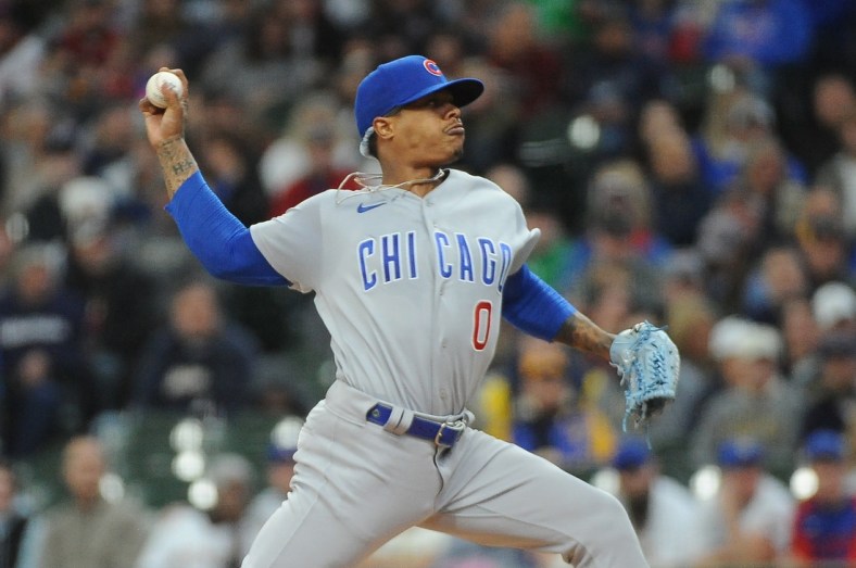 May 1, 2022; Milwaukee, Wisconsin, USA; Chicago Cubs starting pitcher Marcus Stroman (0) delivers a pitch against the Milwaukee Brewers in the first inning at American Family Field. Mandatory Credit: Michael McLoone-USA TODAY Sports